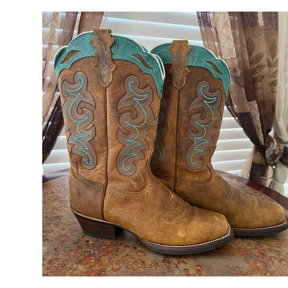 Justin Sevana Tan Western Cowboy Turquoise Brown Leather Boots - Picture 4 of 9